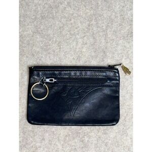 Vintage Rolfs Black Leather Coin Purse Embossed Rose Floral Key Ring Pouch Zip